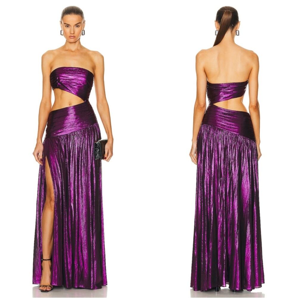 RETROFETE Kenna Strapless Ruched Draped Pleated Cutout Purple Maxi Dress Size S